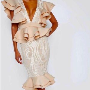 Nude Ruffle Detail Plunge Midi Dress
